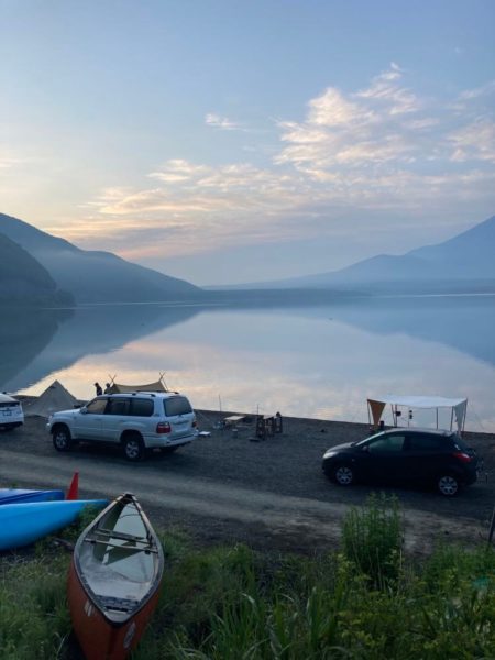 A serene campsite at Lake Motosu Japan shows the awe of nature and purpose of enjoying it. 